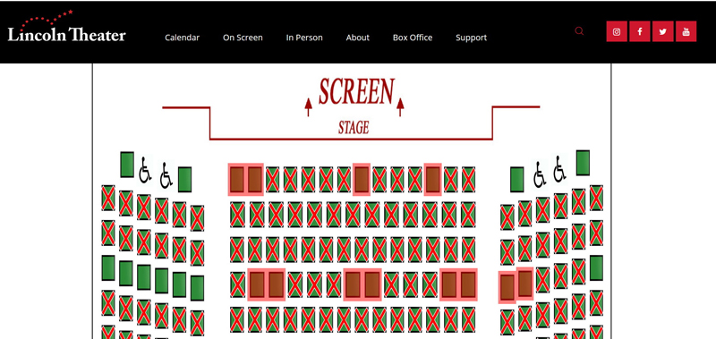 Lincoln Theater's online ticketing seating chart shows what seats are available for patrons. Green seats are still available, red seats are sold, and green seats with red X's are blocked off to ensure social distancing. (Screenshot)