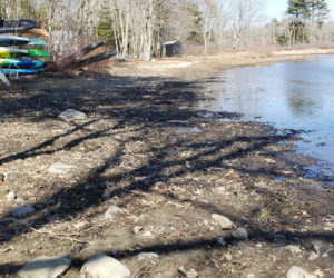 The shore of Damariscotta Lake near Moody's Island on March 23. Lakefront property owner Rebecca Waddell said the water level has come up in the past week from rain, but it is still 1 or 2 feet below its normal level. (Photo courtesy Rebecca Waddell)