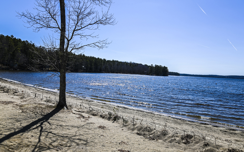 A view from the beach at Damariscotta Lake State Park in Jefferson shows the lake's water level Tuesday, March 30. Lakefront property owners have expressed concerned about the water level, but it rose somewhat with weekend rain. (Bisi Cameron Yee photo)