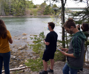 Students in Great Salt Bay Community School's gifted-and-talented program take pictures and examine a "tour stop" with the STEMports augmented reality app during a field test Wednesday, May 12. (Evan Houk photo)