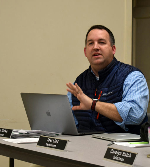 Jon Duke speaks on the change to a town manager form of government during a special town meeting at the Newcastle fire station on March 9, 2020. Duke, Newcastle's first town manager, is leaving the town for the same job in Rockport. (Evan Houk photo, LCN file)