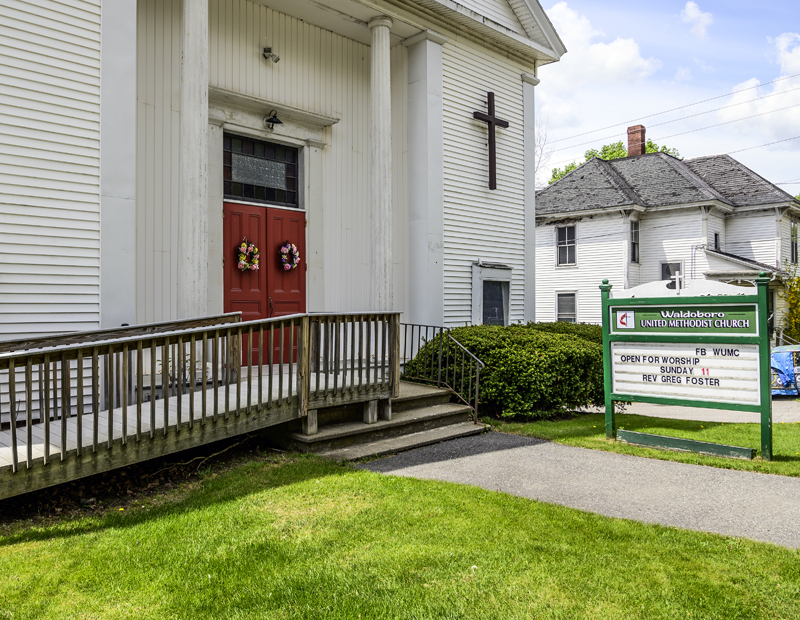 A ramp leads to the doors of the Waldoboro United Methodist Church on Tuesday, May 18. Sunday services will continue at 11 a.m. until the church closes for good June 30. (Bisi Cameron Yee photo)