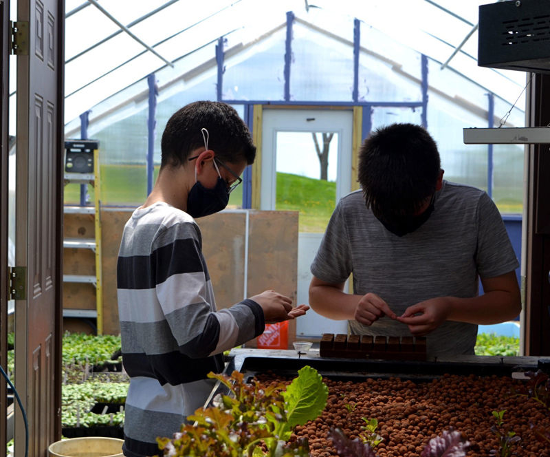 Seventh-graders, Donovan Thompson (left) and Benjamin Sullivan (right) from Whitefield Elementary School, count the lettuce seeds using the appendix system.  (Photo by Netie Hogland)