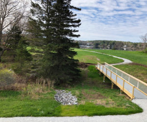 The universal access trail at Oak Point Farm in Boothbay Harbor. The extension of this trail will provide an option to take a left at the bridge and loop around the freshwater pond, which includes a land bridge between the pond and Hodgdon Cove.