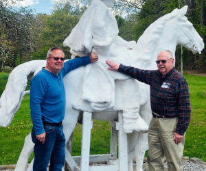 Calvin H. Dodge and his son, Robert C. Dodge, with the statue of Gen. Ulysses S. Grant on his horse, Cincinnati. This is the 50th year the statute has been uncovered. (Photo courtesy Robert Dodge)