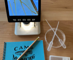 Camp in a Box Version 2.0 contains a hand-held digital microscope and accessories, along with activity ideas. (Photo courtesy of Coastal Rivers Conservation Trust)