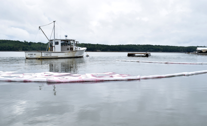Oil booms surround a diesel fuel spill from an approximately 26-foot sunken boat that was discovered in the Damariscotta River in Newcastle on the morning of Friday, June 25. Newcastle and Damariscotta firefighters worked to contain the spill to prevent it from contaminating a Norumbega Oyster, Inc. farm located about 100 feet from the spill. (Evan Houk photo)