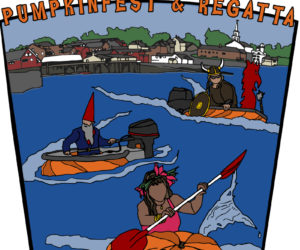 The town of Damariscotta is seen from Newcastle across the harbor. The town landing, downtown, and a classic white steeple can all be seen in Maggie Weiss's winning Pumpkinfest t-shirt design.