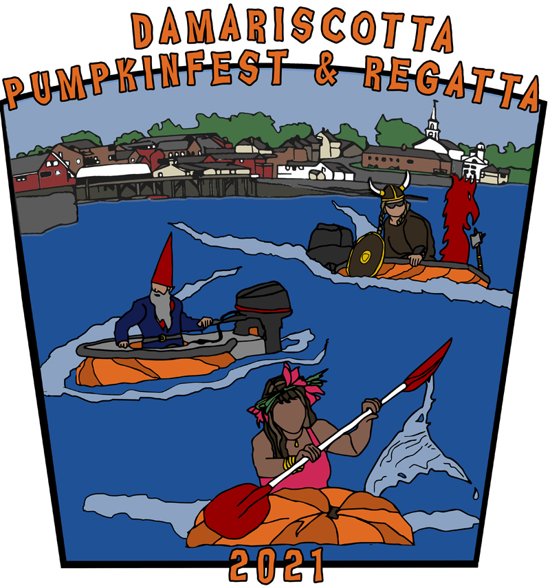 The town of Damariscotta is seen from Newcastle across the harbor. The town landing, downtown, and a classic white steeple can all be seen in Maggie Weiss's winning Pumpkinfest t-shirt design.