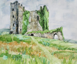 "Ballycarbery Castle, County Kerry, Ireland," watercolor by Gwendolyn Evans.