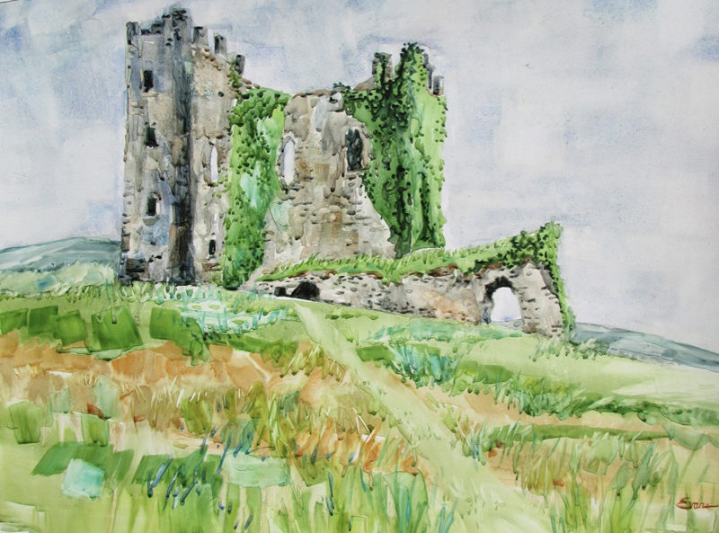 "Ballycarbery Castle, County Kerry, Ireland," watercolor by Gwendolyn Evans.