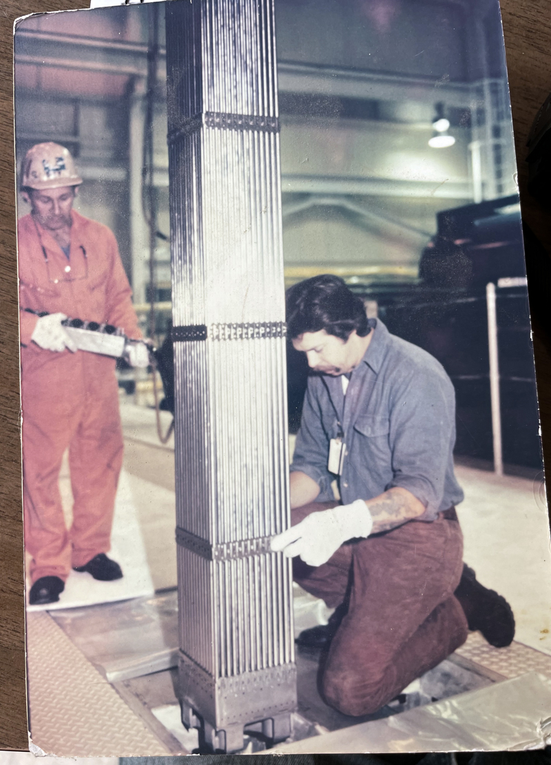 A picture of Alna resident Herman Lovejoy (left) working at the Maine Yankee power plant in Wiscasset. Lovejoy began working there full time in 1982 and took an early retirement when the plant closed in 1997. (Evan Houk photo)