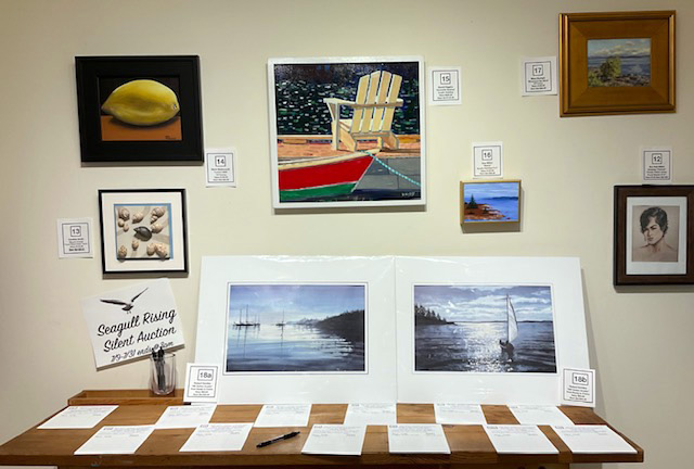 A selection of the artwork donated to Saltwater Artists Gallery's silent auction to benefit the Seagull Shop and Restaurant. (Photo courtesy Saltwater Artists Gallery)