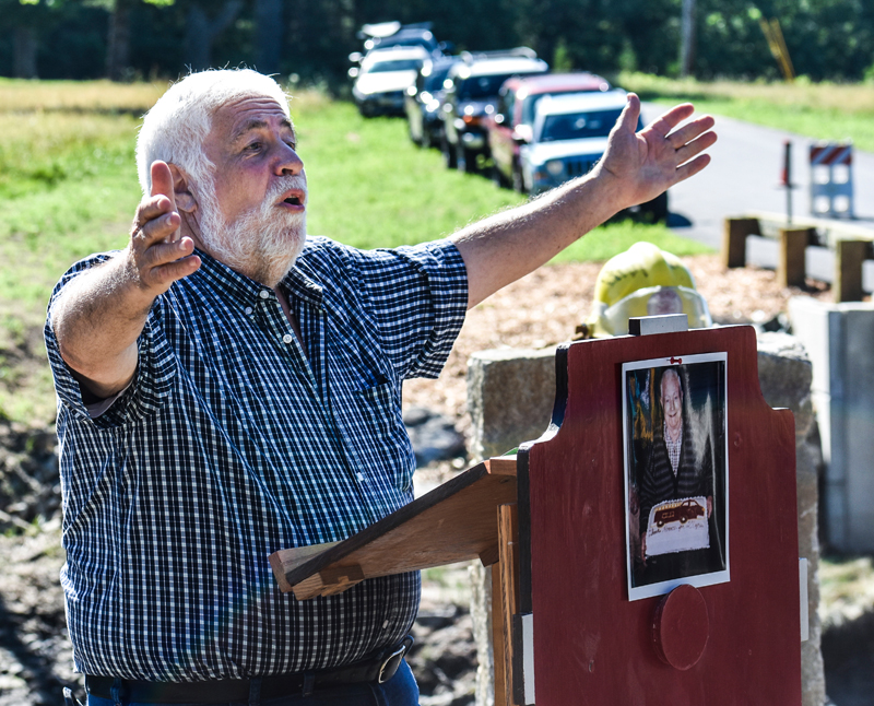 Bremen Selectman Hank Nevins welcomes attendees to the dedication ceremony for the new Heath Road bridge in Bremen in 2018. Nevins recently resigned from the Bremen Board of Selectmen after serving for more than 20 years. (LCN file photo)