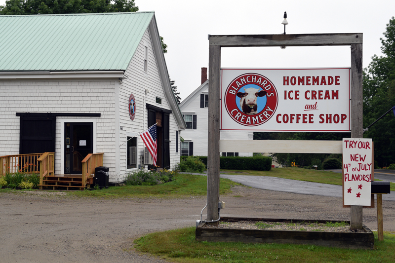 The sign for Blanchards Creamery at 660 Boothbay Road in Edgecomb. Owner Mary Blanchard first happened upon the barn that would become her ice cream and coffee shop on a bike ride from her mother's house a year ago. She said she knew it would be perfect the second she walked in. (Nate Poole photo)