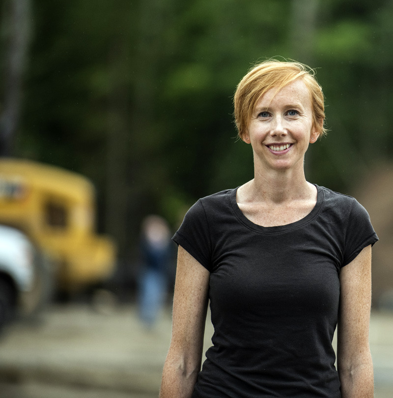 Sara Rademaker, founder and president of American Unagi, stands in front of the constuction site for her new facility in Waldoboro on July 19. The facility is slated to open in time for the 2022 elver season. (Bisi Cameron Yee photo)