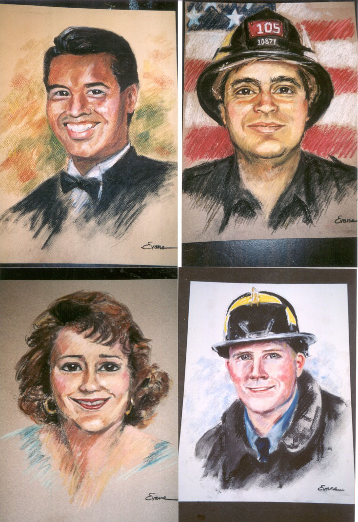 Pastel portraits painted, gratis, by Gwendolyn Evans, from photos sent to her by the victims' families of the 9/11 tragedy.