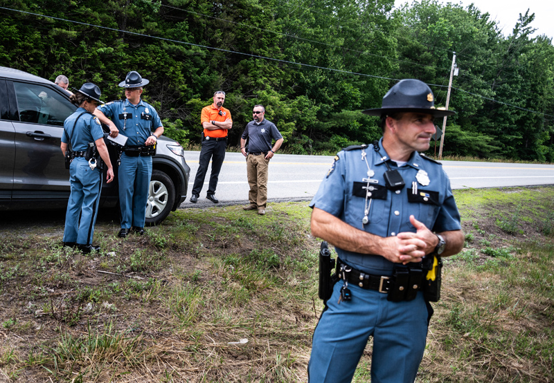 Officers and investigators from the Maine State Police and the Lincoln County Sheriff's Office arrive at the scene of a homicide in Somerville on Wednesday, June 30. (Bisi Cameron Yee photo)