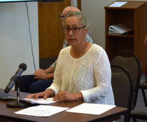 Mary Anne Moisan, of the Damariscotta Region Safety and Accessibility Collaborative, presents the results of a 16-question bicycle survey to the Damariscotta Board of Selectmen on Wednesday, Aug. 4. The survey indicated a desire of cyclists for wider shoulders, more dedicated bicycle routes, and more bike racks in town. (Evan Houk photo)