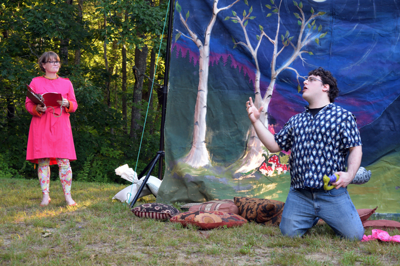 Sam Inman as Bottom in River Company's production of "A Midsummer Night's Dream," performs a dramatic demise for Cally Green's Philostrate. (Nate Poole photo)