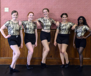 From left: Christina Pagurko, 13, Michaela Lacrosse, 16, Elle Stevens, 16, Mya Krawic, 13, and Sopna Atkinson Tatro, 19, at the new DanceMaineia studio in Waldoboro. The five students were there to practice a jazz routine for an upcoming performance at the Waldo Theatre. (Bisi Cameron Yee photo)