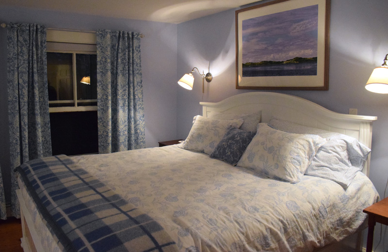 A bedroom at the Harbor View House in Round Pond. Co-owner Sarah Matel said she worked to give each room a very subtle theme with bedspreads, artwork, curtains, and other touches. (Evan Houk photo)