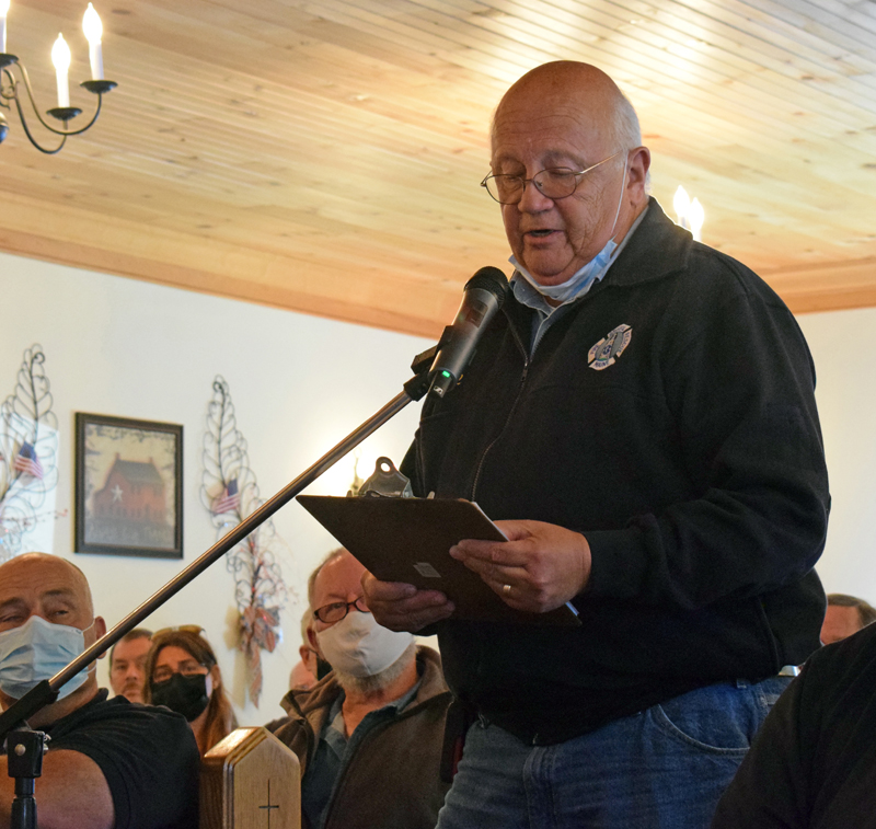 Former Bristol Fire Chief Paul Leeman, Jr. speaks in support of Newcastle's Taniscot Engine Co. and the need to maintain a full-time fire chief during a public meeting held by the fire company at Faith Baptist Church on Saturday, Sept. 11. Over 60 people attended the meeting and displayed a show of support for the fire company. (Evan Houk photo)