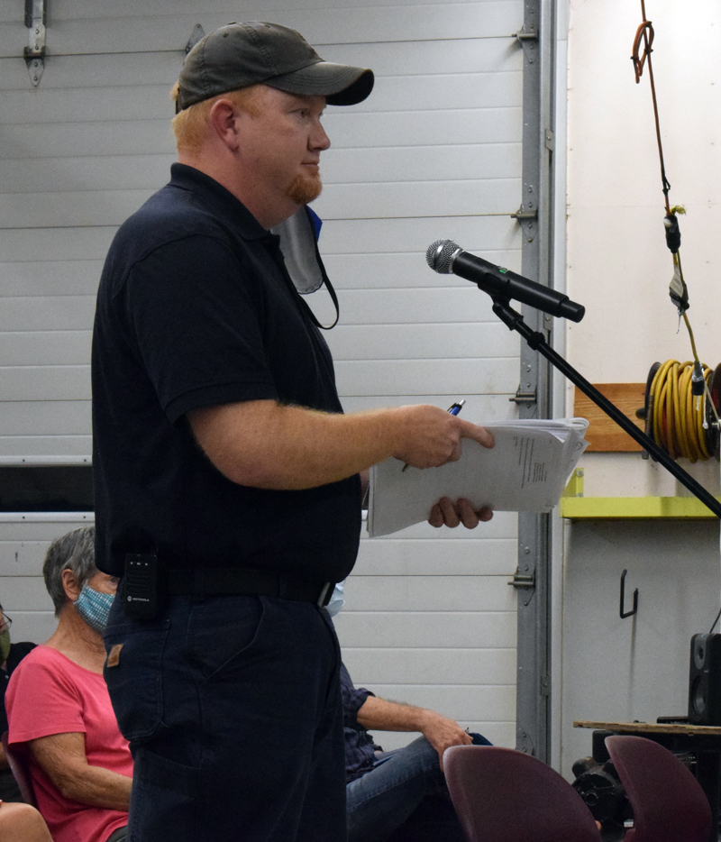 Interim Newcastle Fire Chief Casey Stevens addresses the Board of Selectmen on Monday, Sept. 13. Stevens said the fire company wants a special town meeting scheduled in one month to vote on a fire department ordinance. (Evan Houk photo)