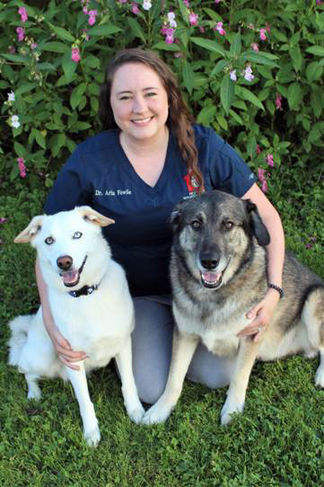 Dr. Aria Fowlie and her dogs Naga and Hercules. (Photo courtesy Medomak Veterinary Services)