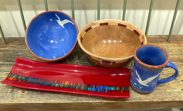 Pottery by Libby Seigars, turned wooden bowl by Tom Raymond, and glass work by Pam Wilcox are among the items that can be viewed at the Saltwater Artists Gallery.