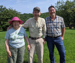 From left: Sandra Barth, Nick Barth, and Midcoast Conservancy Executive Director Pete Nichols. The Barth family established the Rev. Barth Memorial Forest.
