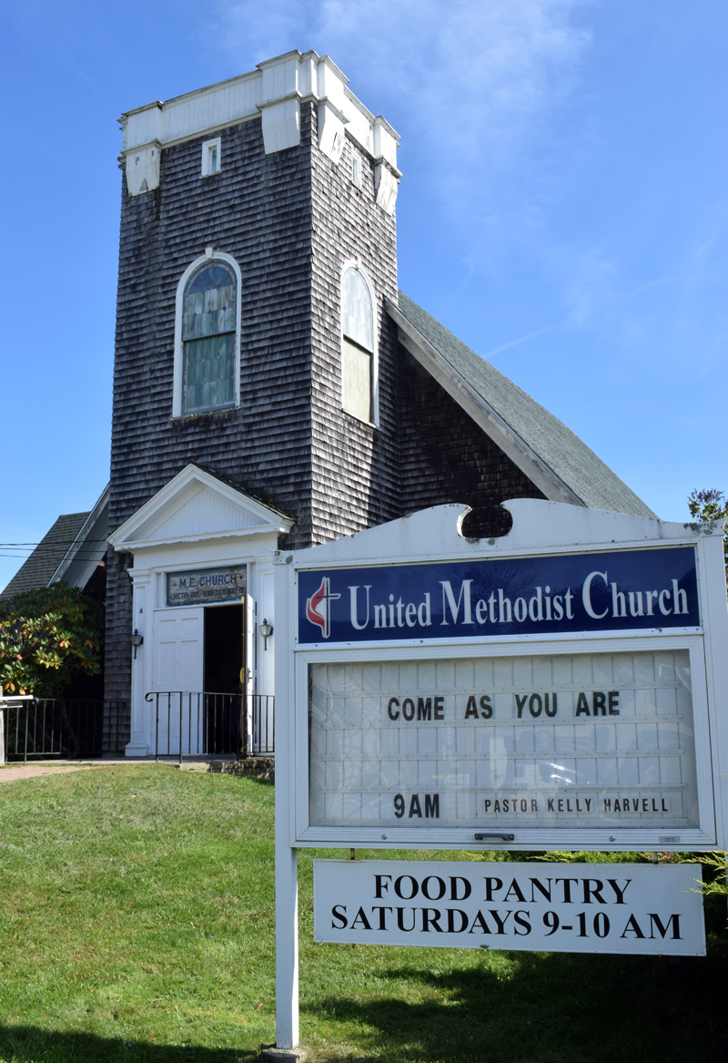 The New Harbor United Methodist Church, sans bell tower, on Monday, Oct. 4. The bell tower was removed in 2016 and the church is restarting a capital campaign to install a new closed tower and make other improvements to the 1911 building. (Evan Houk photo)