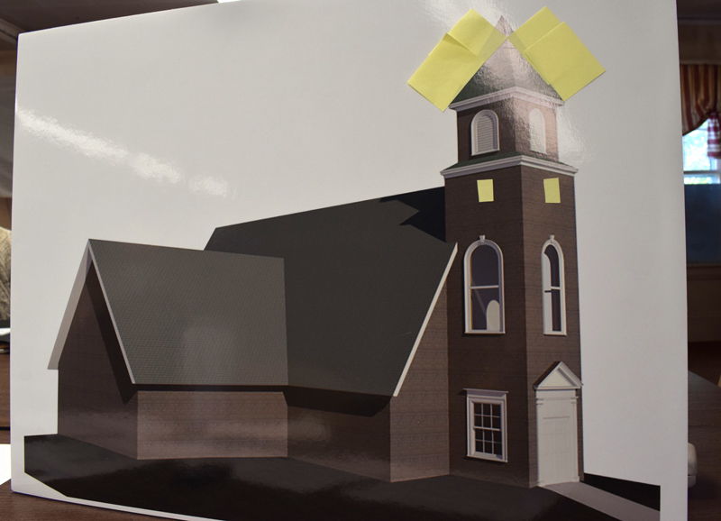 An architectural rendering shows the design for a new closed bell tower on the New Harbor United Methodist Church. The image will be installed in front of the church as part of a renewed capital campaign to raise approximately $300,000 for the new tower and other improvements to the 1911 building. (Evan Houk photo)