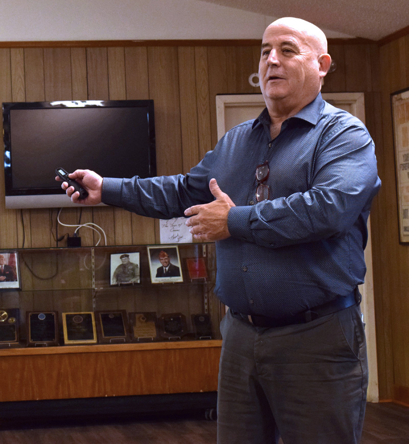 Jim LaBrecque, a professional engineer specializing in energy control technology, argued for a no vote on state referendum Question 1 and a more diverse approach to renewable energy in Maine during a presentation at the Wells-Hussey American Legion Post 42 in Damariscotta on Oct. 11. (Evan Houk photo)