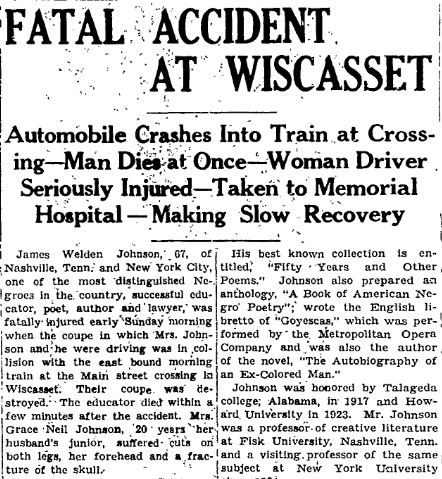 This article publicizing news of James Weldon Johnson's death four days prior in Wiscasset was published on the front page of The Lincoln County News on June 30, 1938. (Screenshot)