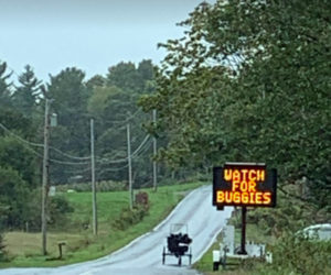 A new road sign in Whitefield and a horse-and-buggy. (Photo courtesy Mary Dunn)