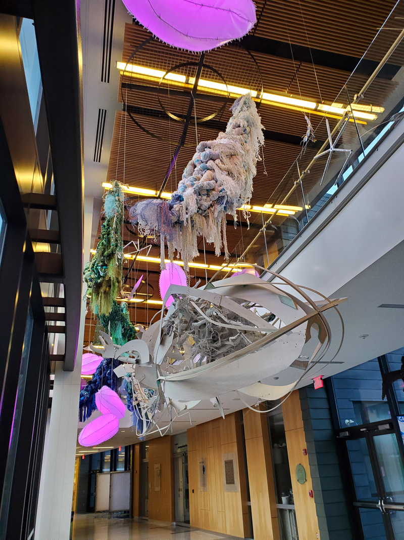 A new, two-story art installation that celebrates ocean life and scientific efforts to understand it hangs from the ceiling at Bigelow Laboratory for Ocean Sciences. The exhibit opens on Nov. 9. (Courtesy photo)