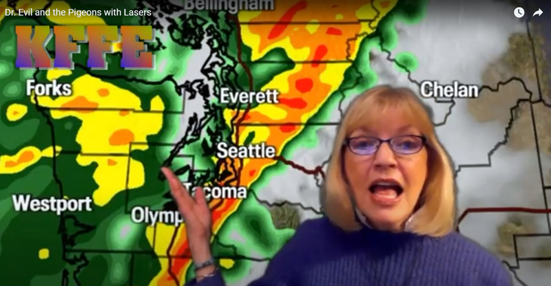 The scene in which Judy Mcquillen appears as a weather reporter illustrates how the play capitalizes on already familiar screen usages such as television news  to help maintain the audience's suspension of disbelief. (screenshot)