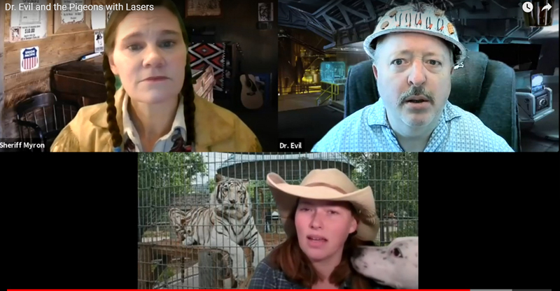 Clockwise from left: Allison Eddyblouin as Sheriff Myron, Mitchell Wellman as Dr. Evil and Tori DeLisle as Josephine Esoteric remain in character despite an unexpected canine cameo in "Dr. Evil and the pigeons with lasers."??  (screenshot)