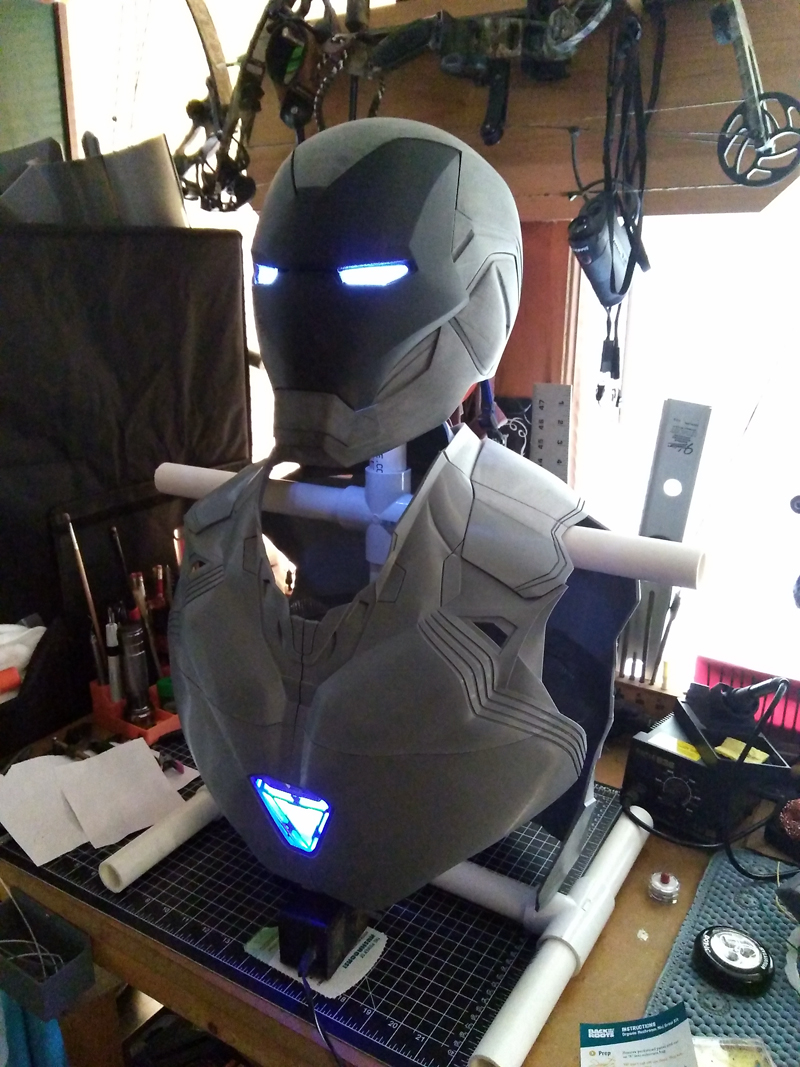 The torso and helmet of the full-size Iron Man suit that Bill Clark is in the midst of creating with his 3D Printer and assembling. (Photo courtesy Bill Clark)