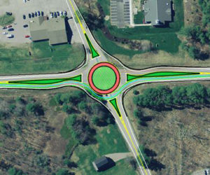 An aerial view of the future roundabout at the intersection of Route 1 and Belvedere Road in Damariscotta showing how vehicles may be directed around half of the circle should part of it be obstructed following a collision. (Courtesy photo)