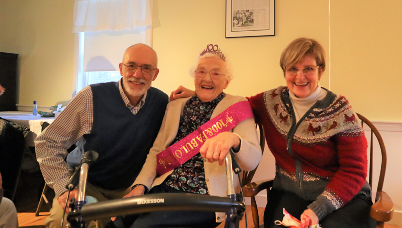 Eleanor Smith poses with her son, Sherman Smith, and her daughter, Barbara Higgins, during her 100th birthday party on Dec. 18. (Emily Hayes photo)