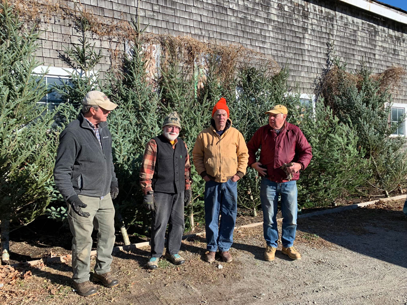 From left: Dan Joslyn, Erik Ekholm, Mike McMorrow, and Dennis Merrill outside the Sheepscot General Store where the Whitefield Library sold pre-cut Christmas trees to fund the library's renovations. (Photo courtesy Cheryle Joslyn)