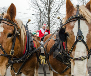 Woodfield Farms horse-drawn wagon will be meandering around Wiscasset village on Dec. 4. (Photo courtesy Bob Bond)