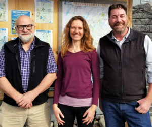 From left: Luther Black, Midcoast Conservancy Land Protection Specialist Anna Fiedler, and Executive Director Pete Nichols pose for a photo. Black recently gifted the Goose River Woodland Preserve to Midcoast Conservancy in honor of his family. (Courtesy photo)