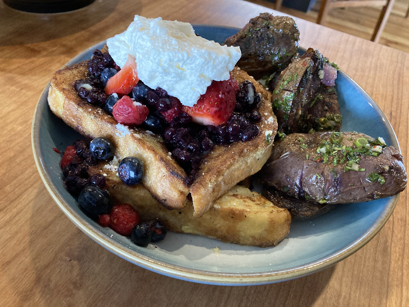 French toast with mixed berries and whipped cream at River House in downtown Damariscotta. The potatoes, from Goranson Farm, are absolutely incredible. (Maia Zewert photo)