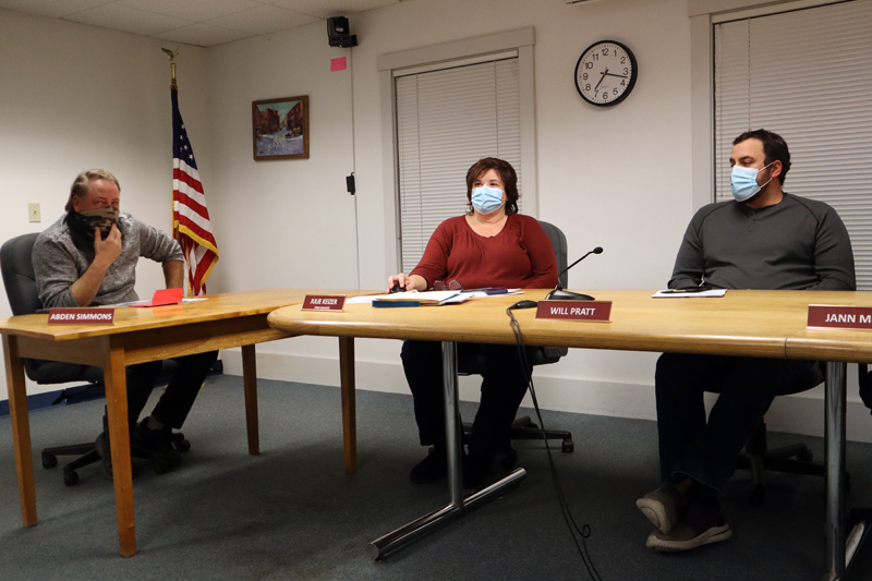 The Waldoboro Board of Selectmen discuss extending emergency medical service to Jefferson until Jan. 14 while the town works to either approve the cost increase or seek service from another agency during its meeting Dec. 28. From left: Chair Abden Simmons, Town Manager Julie Keizer, and Selectman Will Pratt.(Emily Hayes photo)