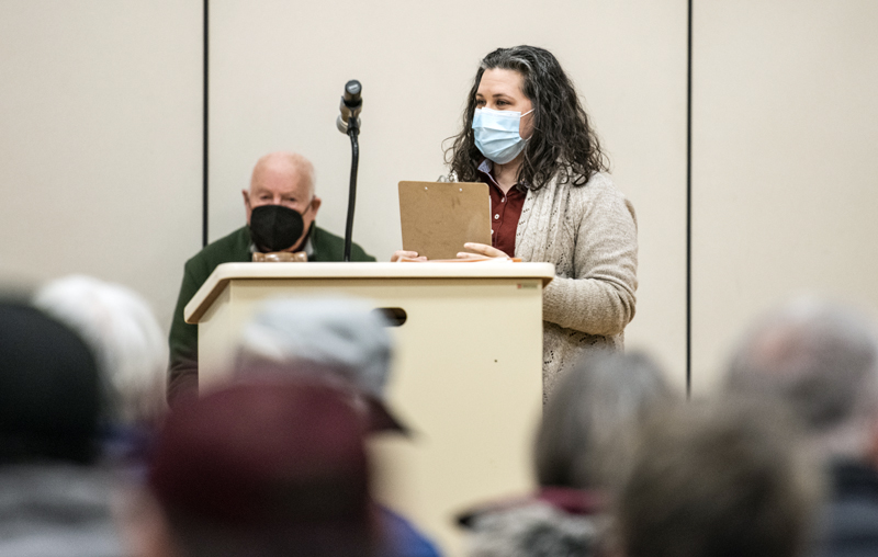 Town Clerk Grace Bull opens a special town meeting in Jefferson on Jan. 14. The meeting was called to address a $55,060 bill for six months of EMS services for the town. The prior bill was $7,000 per year. (Bisi Cameron Yee photo)