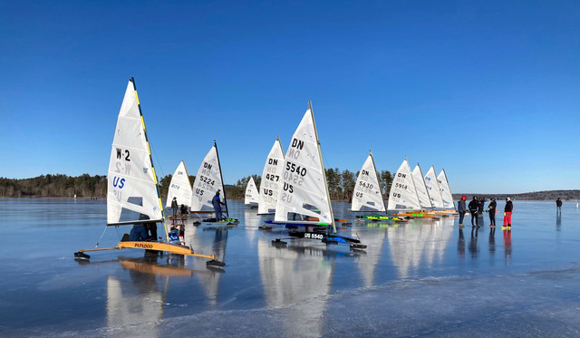 A DN regatta at Damariscotta Lake hosted by New England Ice Boat Association on Jan. 16. (Photo courtesy Bill Buchholz)