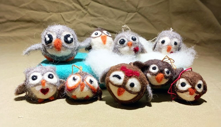 Hand-felted owls crafted in a Maine Organic Farmers and Gardeners Association workshop led by Isabel Stearns. (Photo courtesy Isabel Stearns)